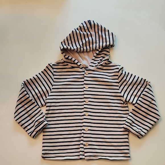 H&M Cream Black Striped Button Up Hoodie Sweatshirt Size 6-8 - Picture 1 of 7